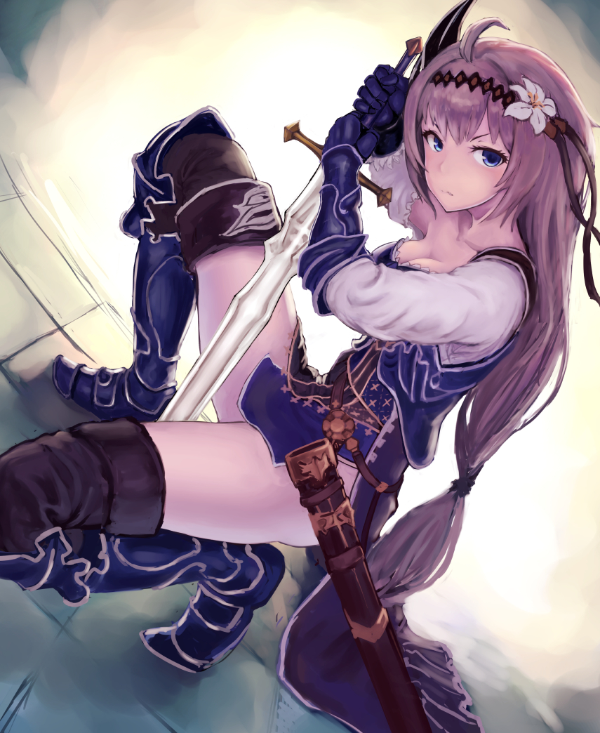1girl armor armored_boots blonde_hair blue_eyes boots breasts cleavage collarbone dutch_angle flower gauntlets granblue_fantasy hair_flower hair_ornament hairband holding_sword holding_weapon jeanne_d'arc_(granblue_fantasy) kneeling lily_(flower) long_hair long_legs low-tied_long_hair ryuinu solo sword thigh-highs thigh_boots thighs unsheathed weapon