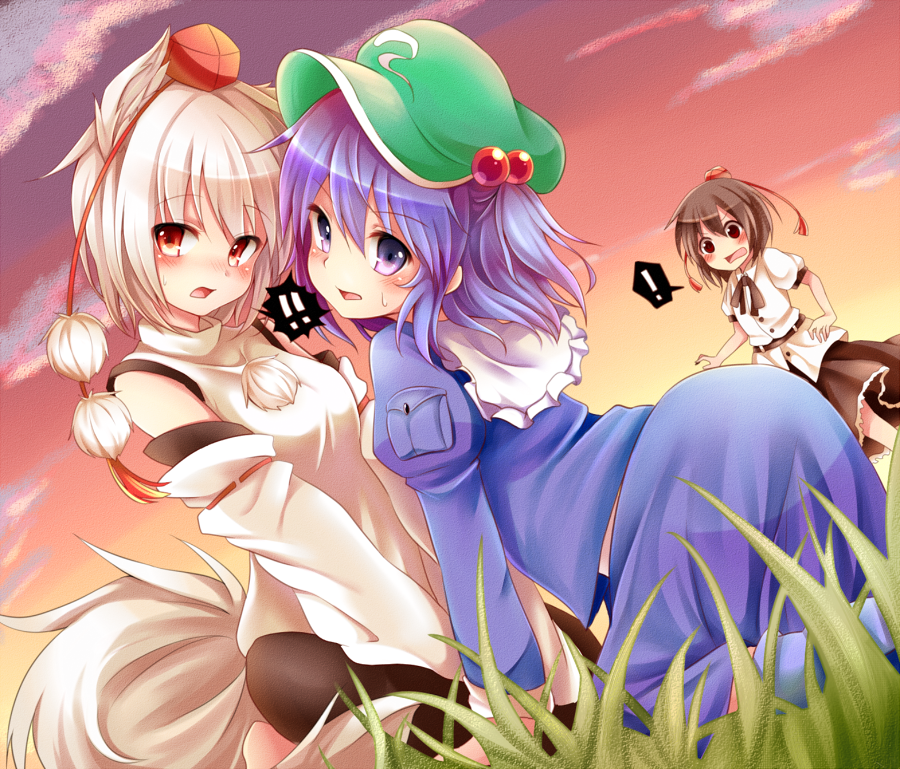 ! 3girls :o albino all_fours animal_ears back bangs belt black_hair black_ribbon black_skirt blue_eyes blue_hair blue_skirt blush buttons chikuwa_savi clouds detached_sleeves dutch_angle eyebrows eyebrows_visible_through_hair frills fur_trim grass hair_bobbles hair_ornament hat inubashiri_momiji kawashiro_nitori legs_apart long_sleeves looking_at_another multiple_girls neck_ribbon on_ground outdoors pocket pom_pom_(clothes) puffy_short_sleeves puffy_sleeves red_eyes red_ribbon ribbon ribbon-trimmed_sleeves ribbon_trim shameimaru_aya shirt short_hair short_sleeves silver_hair skirt skirt_set sky spoken_exclamation_mark standing surprised sweat tail tokin_hat touhou turtleneck twilight two_side_up upskirt white_hair white_shirt wolf_ears wolf_tail