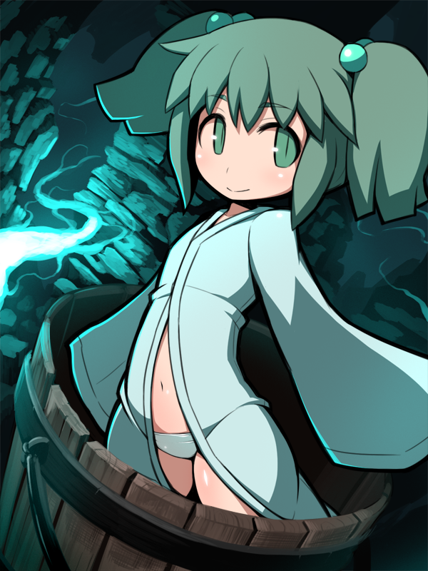 1girl bucket glowing green_eyes green_hair hair_bobbles hair_ornament hakika in_bucket in_container japanese_clothes kimono kisume long_sleeves looking_at_viewer midriff navel open_clothes panties slit_pupils smile solo touhou twintails underwear white_panties wide_sleeves yukata