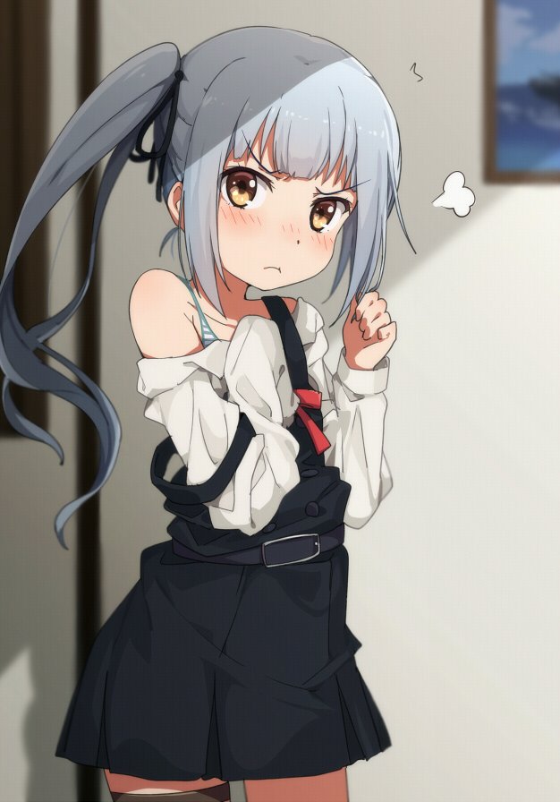 &gt;:t 1girl :t angry bare_shoulders belt blouse blush buttons collarbone dress dressing grey_hair hair_ornament hair_ribbon kantai_collection kasumi_(kantai_collection) long_hair long_sleeves looking_at_viewer ogipote ponytail pout remodel_(kantai_collection) ribbon school_uniform side_ponytail skirt sleeveless sleeveless_dress solo suspenders white_blouse yellow_eyes