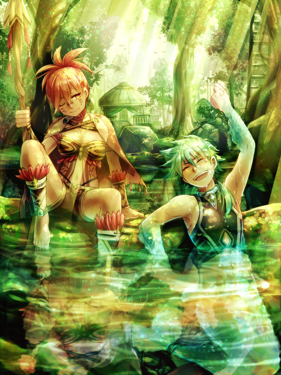 1boy 1girl arm_up barefoot bird breasts building cape cleavage facial_mark fins green_hair highres ladder leg_band merman monster_boy one_eye_closed open_mouth orange_eyes orange_hair original partially_submerged reflecting_pool scales smile staff sumimoto_ryuu sunlight tattoo tree tree_shade tribal tribal_tattoo wristband