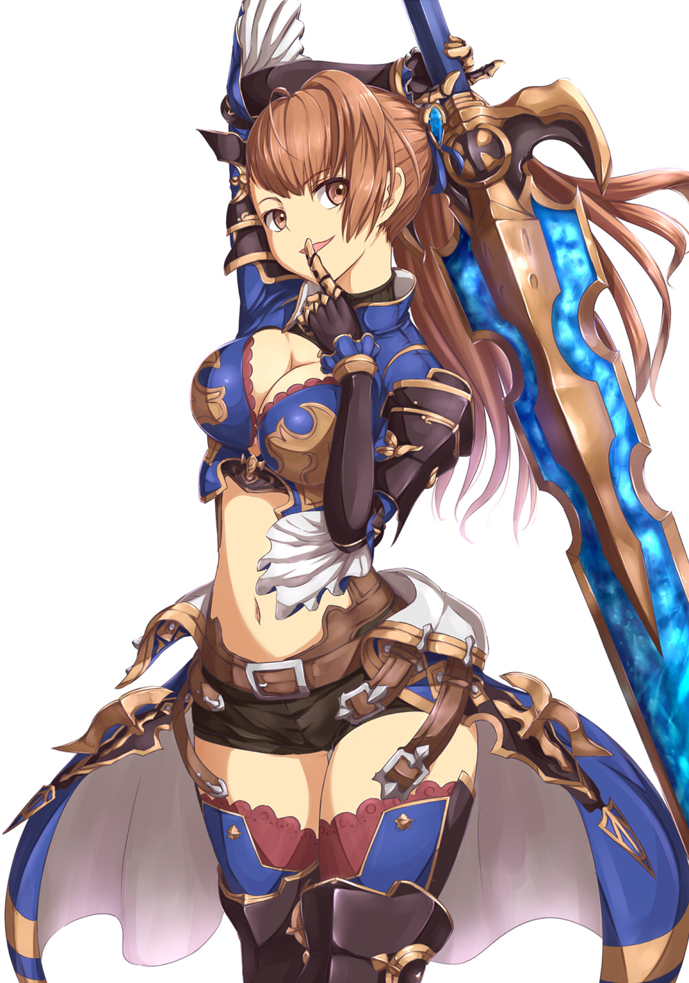 1girl :d armor armored_boots beatrix_(granblue_fantasy) boots breasts brown_eyes brown_hair cleavage cleavage_cutout ears finger_to_mouth glowing glowing_sword glowing_weapon granblue_fantasy head_tilt highres holding holding_weapon long_hair looking_at_viewer navel open_mouth ponytail sakaokasan shorts showgirl_skirt simple_background smile solo spaulders sword thigh-highs weapon white_background