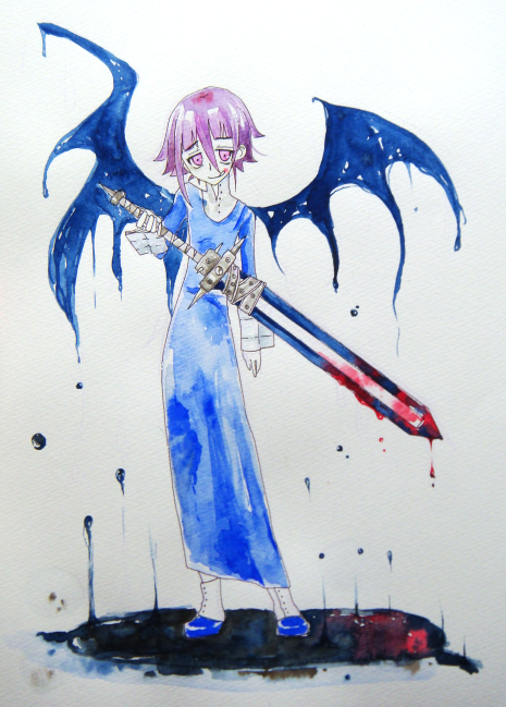 177 :p ambiguous_gender androgynous bangs blood bloody_weapon crona_(soul_eater) dress looking_at_viewer pink_eyes pink_hair ragnarok_(demon_sword) short_hair simple_background soul_eater sword tongue tongue_out traditional_media watercolor_(medium) weapon wings