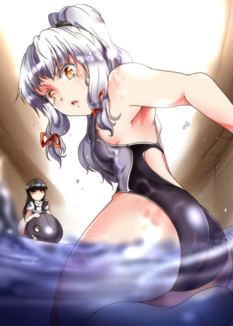 2girls armpits ass bangs black_eyes black_hair blue_hair blunt_bangs breasts competition_swimsuit from_behind hair_up hatsuyuki_(kantai_collection) indoors jitome kantai_collection long_hair looking_at_another looking_at_viewer multiple_girls murakumo_(kantai_collection) one-piece_swimsuit open_mouth orange_eyes partially_submerged seiza shirt short_eyebrows sitting suga_leon swimsuit thighs video_camera wavy_hair wet wet_clothes white_shirt