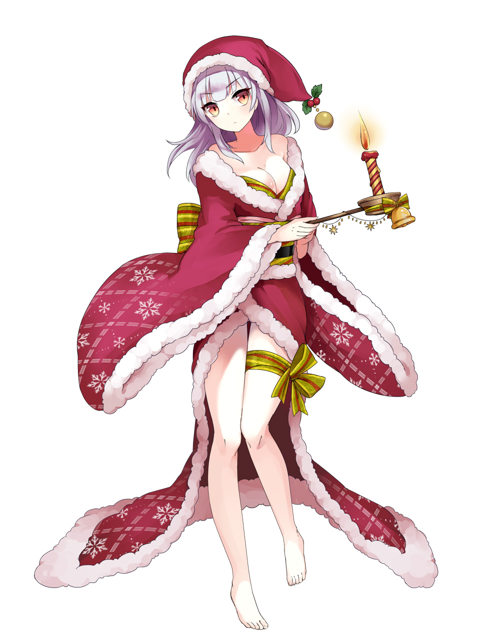 1girl artist_request barefoot breasts candle candlelight character_request cleavage copyright_request full_body hat highres holding long_hair long_sleeves mistletoe red_eyes ribbon santa_costume santa_hat silver_hair simple_background solo thigh_ribbon white_background wide_sleeves