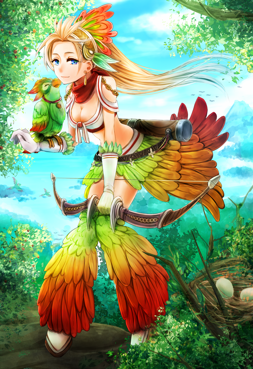 1girl bent_over bird bird_on_arm blonde_hair blue_eyes blue_sky bow_(weapon) breasts bush chain_chronicle cleavage earrings egg feathers front-tie_top gloves headdress highres jewelry lake long_hair midriff mountain nest original quiver skirt sky smile sumimoto_ryuu tree weapon white_gloves