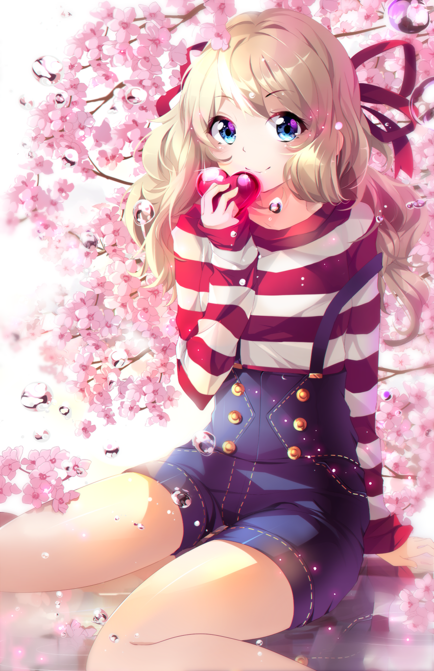 1girl blonde_hair blue_eyes blush borrowed_character branch buttons cherry_blossoms denim flower gem glint heart highres holding_heart long_sleeves looking_at_viewer original plant pocket reflection ruby_(stone) shirt sitting smile solo squadra stitches striped striped_shirt suspenders wariza water water_drop