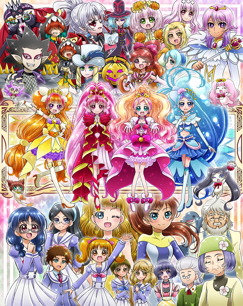 character_request cokata commentary_request cure_flora cure_mermaid cure_scarlet cure_twinkle go!_princess_precure precure school_uniform