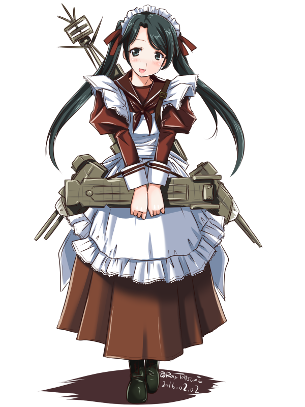 1girl adapted_costume aircraft_catapult alternate_costume apron black_hair boots cannon cross-laced_footwear enmaided flight_deck hair_ribbon kantai_collection long_hair machinery maid maid_apron maid_headdress mikuma_(kantai_collection) necktie ooyodo_(kantai_collection) open_mouth radar ribbon smile solo tatsumi_rei turret twintails