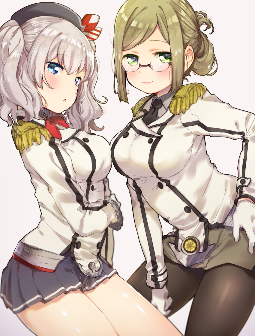 2girls beret black_legwear blue_eyes blush breasts brown_hair buttons epaulettes folded_ponytail frilled_sleeves frills glasses gloves green_eyes hat jacket kantai_collection kashima_(kantai_collection) katori_(kantai_collection) kerchief large_breasts looking_at_viewer military military_uniform miniskirt mofun multiple_girls necktie pantyhose pleated_skirt silver_hair simple_background skirt smile twintails uniform wavy_hair white_background white_gloves