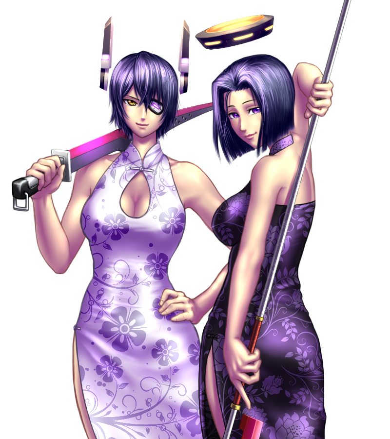 2girls bare_shoulders black_dress black_hair bob_cut breasts china_dress chinese_clothes cleavage cleavage_cutout dress eyepatch floral_print hair_between_eyes halterneck hand_on_hip headgear kantai_collection large_breasts mechanical_halo multiple_girls nose polearm purple_hair short_hair side_slit sleeveless sleeveless_dress smile sword taikyokuturugi tatsuta_(kantai_collection) tenryuu_(kantai_collection) violet_eyes weapon white_dress yellow_eyes