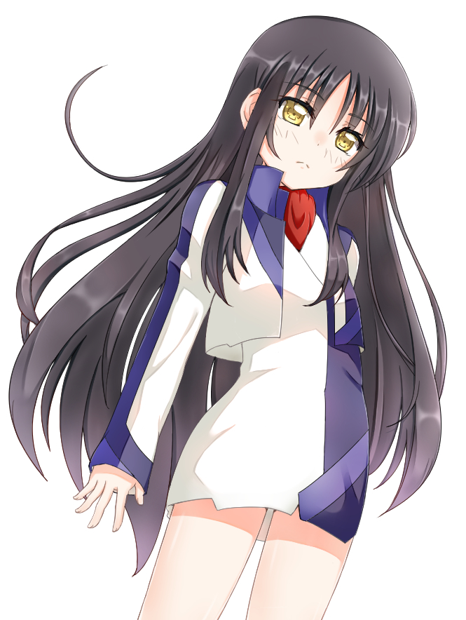 1girl black_hair cropped_jacket frown jacket kurose_yuuki long_hair long_sleeves minashiro_orihime shiny shiny_hair sidelocks simple_background skirt solo soukyuu_no_fafner standing uniform white_background yellow_eyes