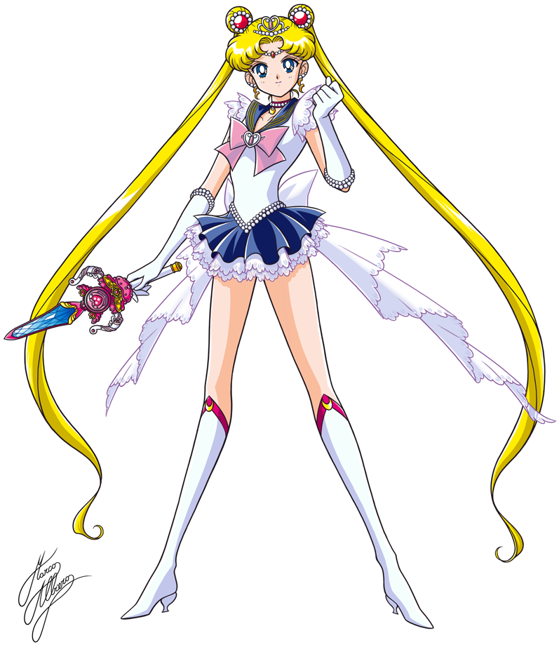 1girl bishoujo_senshi_sailor_moon blonde_hair blue_eyes blue_skirt boots bow brooch choker clenched_hand double_bun earrings elbow_gloves frills full_body gloves jewelry knee_boots long_hair magical_girl marco_albiero pink_bow pleated_skirt pretty_guardian_sailor_moon princess_sailor_moon princess_sword sailor_collar sailor_moon serious signature skirt solo standing sword tiara tsukino_usagi twintails weapon white_background white_boots white_bow white_gloves