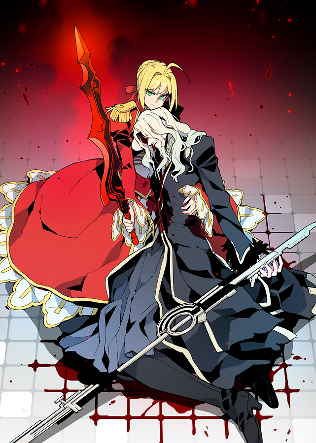1boy 1girl blood fate/grand_order fate_(series) koshiro_itsuki lancer_of_black polearm saber_extra spear sword weapon