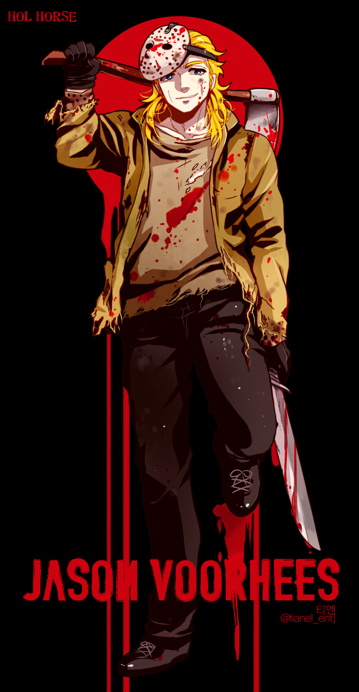 1boy axe black_gloves blonde_hair blood bloody_clothes blue_eyes character_name dirty friday_the_13th full_body gloves highres hockey_mask hol_horse jacket jason_voorhees_(cosplay) jojo_no_kimyou_na_bouken long_hair machete male_focus smile solo tianel_ent twitter_username weapon