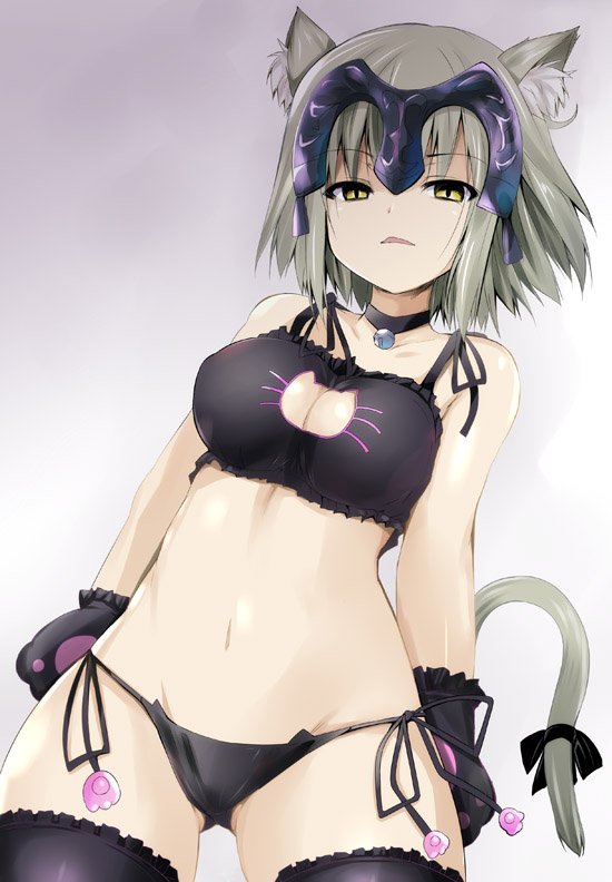 1girl animal_ears ass_visible_through_thighs bangs bare_arms bare_shoulders bell bell_choker black_bra black_legwear black_panties bra breasts cat_cutout cat_ear_panties cat_ears cat_gloves cat_lingerie cat_paws cat_tail choker cleavage cleavage_cutout collarbone cowboy_shot fate/grand_order fate_(series) frilled_legwear gloves grey_hair groin headpiece jeanne_alter looking_at_viewer navel panties paw_gloves paws ribbon ruler_(fate/grand_order) sen_(astronomy) serious shiny shiny_skin short_hair side-tie_panties solo standing tail tail_ribbon thigh-highs thigh_gap tsurime underwear underwear_only yellow_eyes