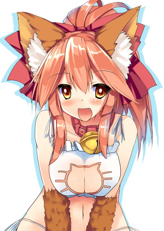 1girl animal_ears bell bell_collar blush bra breasts caster_(fate/extra) cat_cutout cat_lingerie cleavage cleavage_cutout collar fangs fate/grand_order fate_(series) fox_ears fox_tail hair_ribbon large_breasts long_hair looking_at_viewer navel open_mouth pink_hair ribbon ryokushiki_(midori-ya) solo tail tamamo_cat_(fate/grand_order) underwear underwear_only yellow_eyes