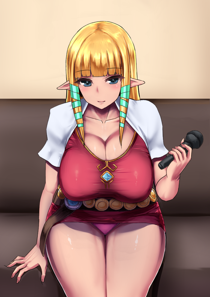 1girl bangs belt blonde_hair blunt_bangs breasts cleavage collarbone couch dress female fingernails grey_eyes hair_ribbon holding_microphone huge_breasts ishimiso_(ishimura) light_smile long_hair looking_at_viewer microphone no_legwear on_couch panties pantyshot pantyshot_(sitting) pink_panties pointy_ears princess_zelda red_dress ribbon short_dress sidelocks sitting solo taut_clothes taut_dress the_legend_of_zelda the_legend_of_zelda:_skyward_sword thighs tress_ribbon underwear