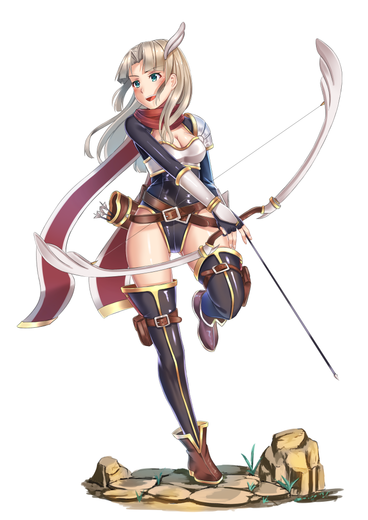 &gt;:d 1girl :d ankle_boots arm_guards arrow ass_visible_through_thighs bangs belt black_gloves blonde_hair blush boots bow_(weapon) breastplate breasts bridal_gauntlets brown_boots cleavage faux_figurine feathers fingerless_gloves full_body gloves grass green_eyes hair_feathers holding_weapon holster leg_up leotard long_hair looking_to_the_side nosa open_mouth original parted_bangs pauldrons plant pocket quiver red_scarf rock scarf shiny shiny_clothes shiny_skin shoulder_pads sidelocks simple_background smile solo standing_on_one_leg stone_floor teeth thigh_holster thigh_strap thighs tsurime weapon weeds white_background