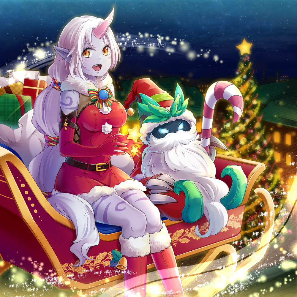 beard bell belt black_skin blue_eyes boots breasts candy candy_cane christmas christmas_tree facial_hair gift hat horn konomoto_(knmtzzz) league_of_legends long_hair open_mouth ornament pointy_ears ponytail purple_skin red_boots sack santa_hat sitting sleigh smile soraka star veigar very_long_hair white_hair yellow_eyes