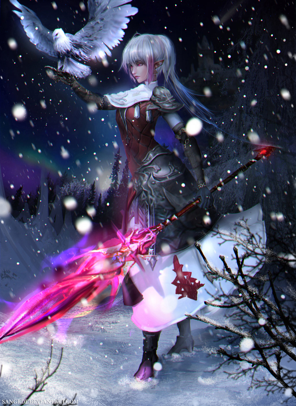 1girl animal arm_guards armor armored_boots armored_dress artist_name aurora bare_tree beak bird black_gloves blurry boots character_request depth_of_field dress eagle expressionless feathered_wings feathers final_fantasy final_fantasy_xiv fir_tree floating_hair full_body gloves glowing glowing_sword glowing_weapon hair_between_eyes high_heels highres holding_sword holding_weapon lips motion_blur multicolored_hair night night_sky o-ring outdoors outstretched_arm outstretched_wings pauldrons pink_eyes plant pointy_ears purple_hair red_dress sangrde short_hair shoulder_pads sidelocks sky snow snowflakes snowing solo standing sword tabard talons tree two-tone_hair watermark weapon web_address white_hair wind wings zipper