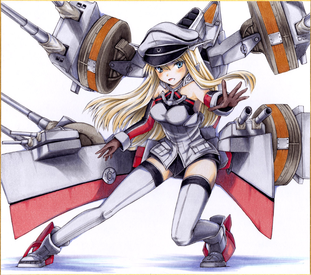 1girl anchor bare_shoulders bismarck_(kantai_collection) blonde_hair blue_eyes brown_gloves cannon chestplate detached_sleeves gloves grey_legwear hat iroha_(nullpo) iron_cross kantai_collection long_hair military military_hat military_uniform millipen_(medium) peaked_cap smile solo thigh-highs traditional_media turret uniform