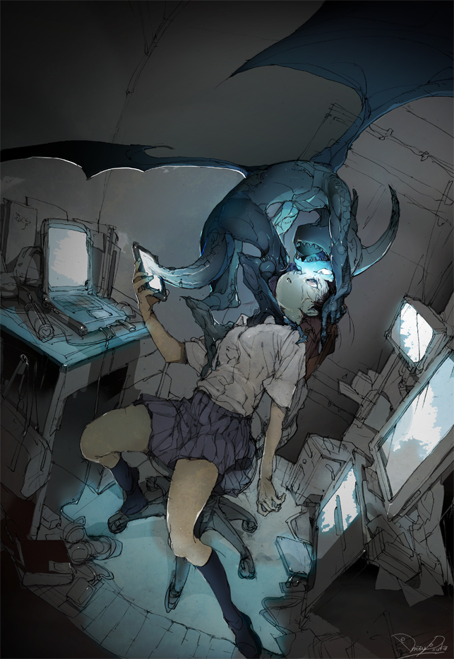 1girl black_legwear blue brown_hair cellphone chair commentary_request computer demizu_posuka dragon face-to-face kneehighs laptop leaning_back monitor monitor_light muted_color office_chair original phone signature sitting smartphone solo teeth