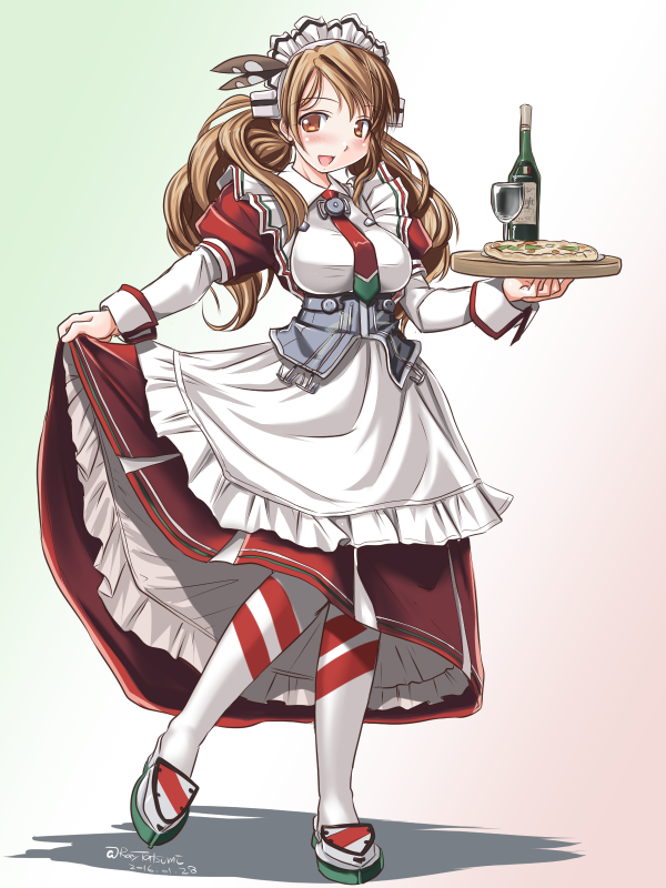 1girl adapted_costume alternate_costume apron bottle breasts brown_eyes brown_hair dress enmaided food glass hat kantai_collection littorio_(kantai_collection) long_hair maid maid_apron maid_headdress necktie open_mouth pizza ponytail shadow smile solo tatsumi_rei thigh-highs tray wavy_hair whine