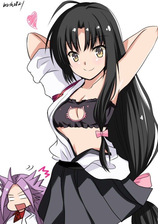 2girls ahoge arms_behind_head arms_up bandeau black_bra black_hair black_skirt blank_eyes blouse bra breasts brown_eyes cat_cutout cat_lingerie cleavage_cutout hair_ribbon heart japanese_clothes jun'you_(kantai_collection) kantai_collection long_hair looking_at_viewer low-tied_long_hair magatama multiple_girls navel nissei open_mouth pink_ribbon pleated_skirt purple_hair rectangular_mouth ribbon shouhou_(kantai_collection) simple_background skirt smile spiky_hair twitter_username underwear white_background