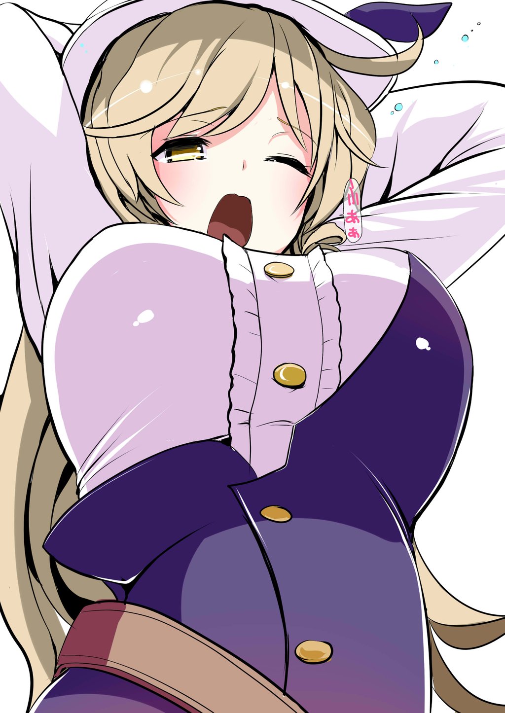 1girl amisu arms_up belt blonde_hair breasts dress from_below hat highres large_breasts long_hair long_sleeves one_eye_closed open_mouth shirt simple_background solo speech_bubble stretch text touhou upper_body watatsuki_no_toyohime white_background yawning yellow_eyes