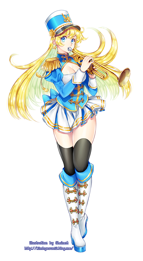 1girl artist_name band_uniform blonde_hair blue_eyes boots breasts cleavage cleavage_cutout earrings epaulettes full_body hat instrument jewelry knee_boots large_breasts long_hair original playing_instrument pleated_skirt puffy_sleeves shainea shako_cap skirt solo thigh-highs trumpet watermark web_address white_background
