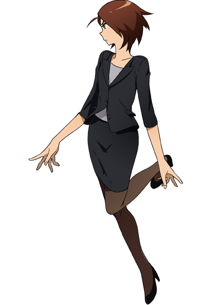 1girl black_shoes black_skirt blazer brown_hair digimon digimon_adventure_tri. formal grey_shirt high_heels himekawa_maki official_art pantyhose shirt shoes short_hair skirt skirt_suit solo standing_on_one_leg suit transparent_background uki_atsuya yellow_eyes