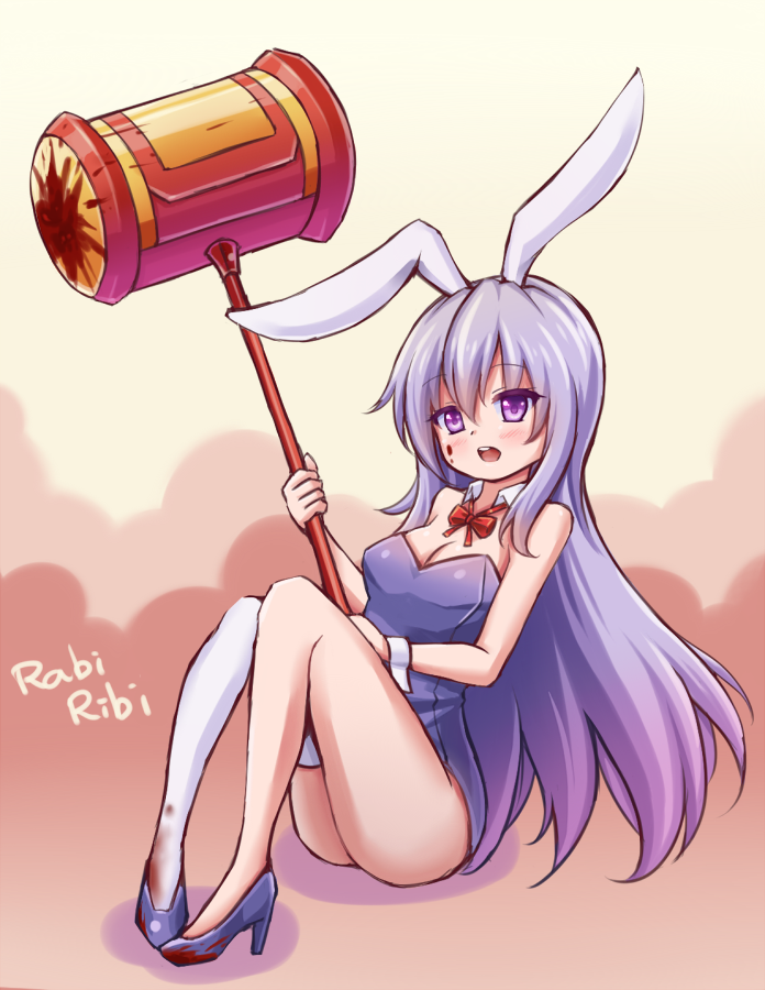 1girl animal_ears artist_request asymmetrical_legwear blood bunny_tail bunnysuit detached_collar erina_(rabi-ribi) hammer high_heels lavender_hair open_mouth rabbit_ears rabi-ribi solo tail thigh-highs violet_eyes white_legwear wrist_cuffs