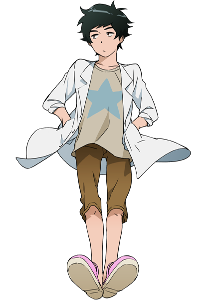 1boy beige_shirt black_hair brown_eyes brown_shorts digimon digimon_adventure_tri. hands_in_pockets labcoat looking_to_the_side nishijima_daigo official_art pink_slippers print_shirt shirt slippers solo star_print transparent_background uki_atsuya