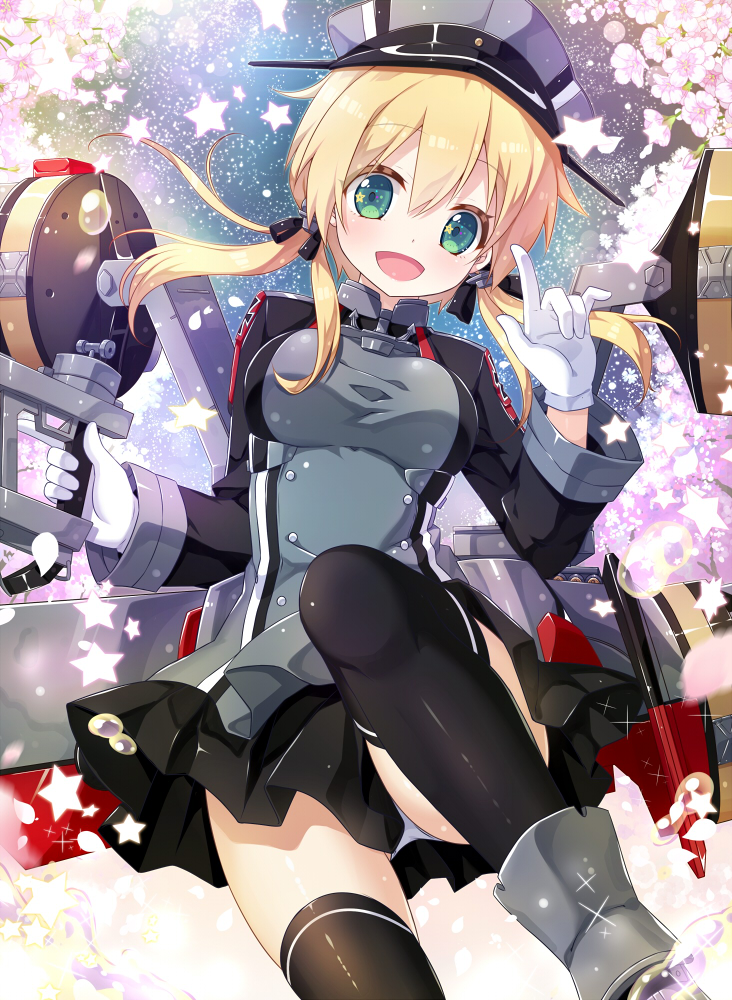 1girl blonde_hair blue_eyes gloves hair_ornament hat kantai_collection mitsuki open_mouth peaked_cap prinz_eugen_(kantai_collection) smile star turret twintails uniform