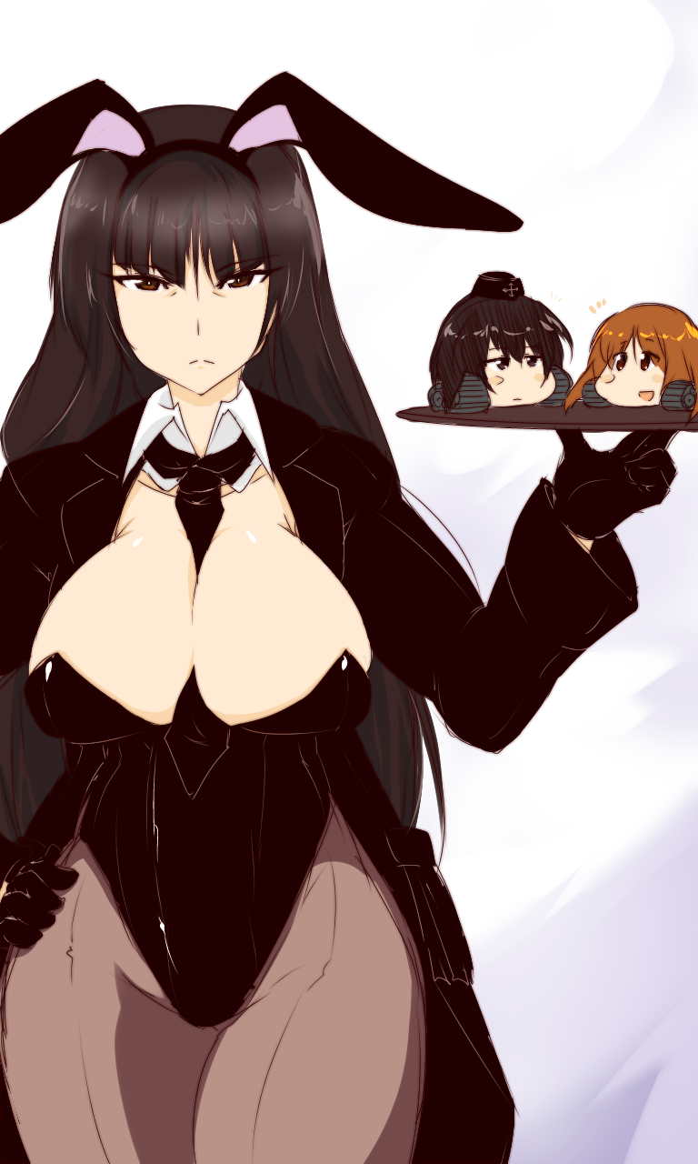 :d between_breasts black_eyes black_hair breasts brown_eyes brown_hair bunny_girl girls_und_panzer gloves hat highres karakure_(kamo-nanban) large_breasts looking_at_viewer necktie nishizumi_miho open_mouth pantyhose serious shadow simple_background smile tray white_background