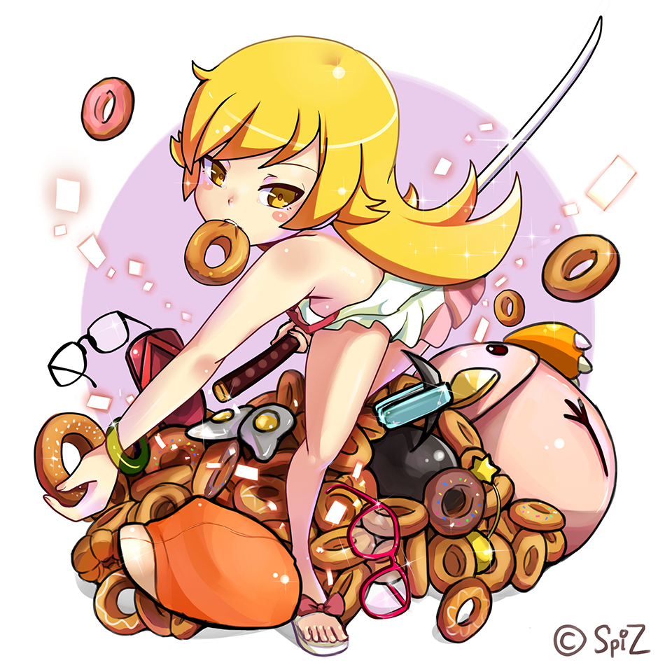 1girl ahoge backpack bag blonde_hair blush_stickers cabbie_hat doughnut dress food fried_egg glasses hat monogatari_(series) oshino_shinobu single_sandal spiz stapler sword weapon yellow_eyes