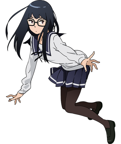 1girl black_hair black_legwear black_shoes blue_skirt digimon digimon_adventure_tri. glasses grey_shirt loafers long_hair looking_at_viewer lowres mochizuki_meiko official_art pantyhose pink_eyes print_skirt school_uniform shirt shoes skirt solo transparent_background uki_atsuya