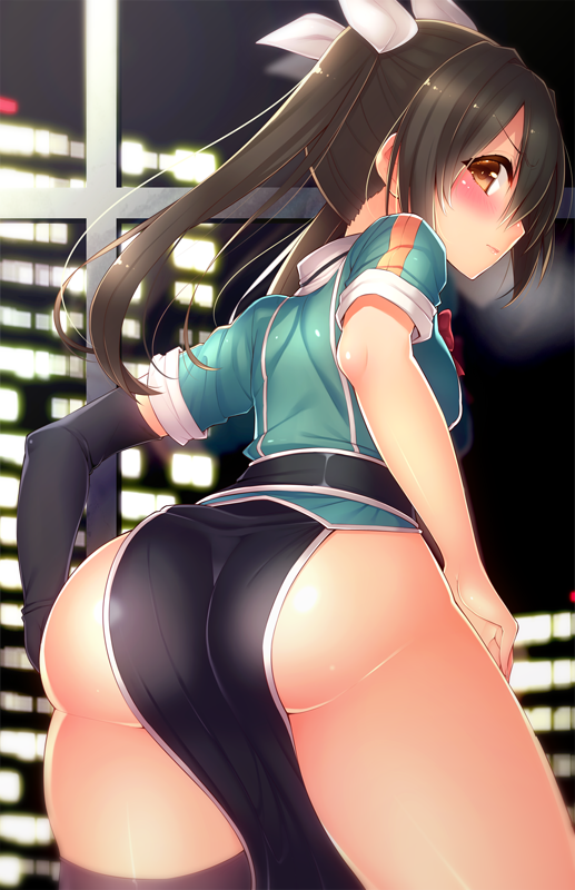 1girl arched_back ass asymmetrical_legwear black_gloves black_legwear blush brown_eyes brown_hair building commentary dress gloves hair_between_eyes hair_ribbon jacket kantai_collection leaning_forward lights long_hair looking_at_viewer looking_back night night_sky no_panties no_pants pelvic_curtain reflection remodel_(kantai_collection) ribbon short_dress side_slit single_elbow_glove single_thighhigh sky skyscraper solo thigh-highs tone_(kantai_collection) twintails window xayux