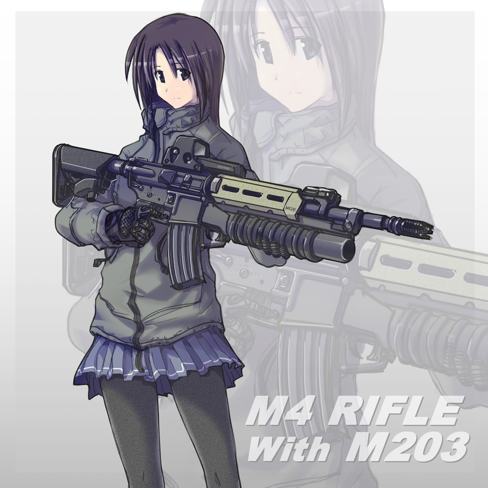 assault_rifle blue_eyes blue_hair coat gloves grenade_launcher gun looking_at_viewer m203 m4_carbine miniskirt pantyhose rifle scope short_hair skirt standing tom_keith trigger_discipline underbarrel_grenade_launcher weapon