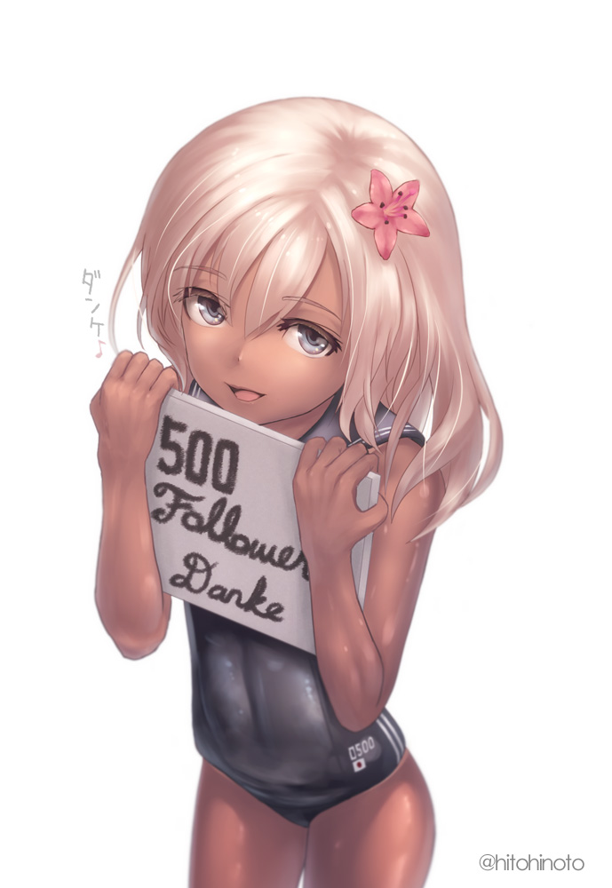 1girl blonde_hair blue_eyes crop_top flower german hair_flower hair_ornament hitohinoto hits kantai_collection one-piece_tan ro-500_(kantai_collection) sailor_collar school_swimsuit sign swimsuit swimsuit_under_clothes tan tanline thank_you