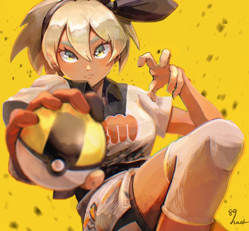 1girl bangs bea_(pokemon) black_hairband blonde_hair blush bow_hairband closed_mouth collared_shirt commentary_request dark_skin dark-skinned_female eyelashes gloves grey_eyes gym_leader hair_between_eyes hairband holding holding_poke_ball huck_8989 knee_pads looking_at_viewer partially_fingerless_gloves poke_ball pokemon pokemon_(game) pokemon_swsh print_shirt print_shorts shiny shiny_hair shirt short_hair short_sleeves shorts side_slit side_slit_shorts signature single_glove solo ultra_ball yellow_background