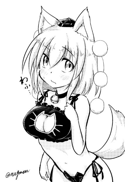 1girl animal_ears bell bra breasts cat_cutout cat_ear_panties cat_lingerie choker cleavage cleavage_cutout hat inubashiri_momiji jingle_bell large_breasts looking_at_viewer monochrome panties side-tie_panties signature solo tail taurine_8000mg tokin_hat touhou translation_request underwear underwear_only wolf_ears wolf_tail