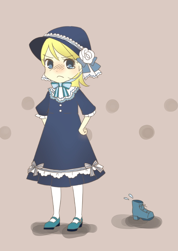 1girl betty_blue_(bury) blonde_hair blue_eyes blush bow bowtie bury dress flying_sweatdrops hat looking_at_viewer shoes solo tears