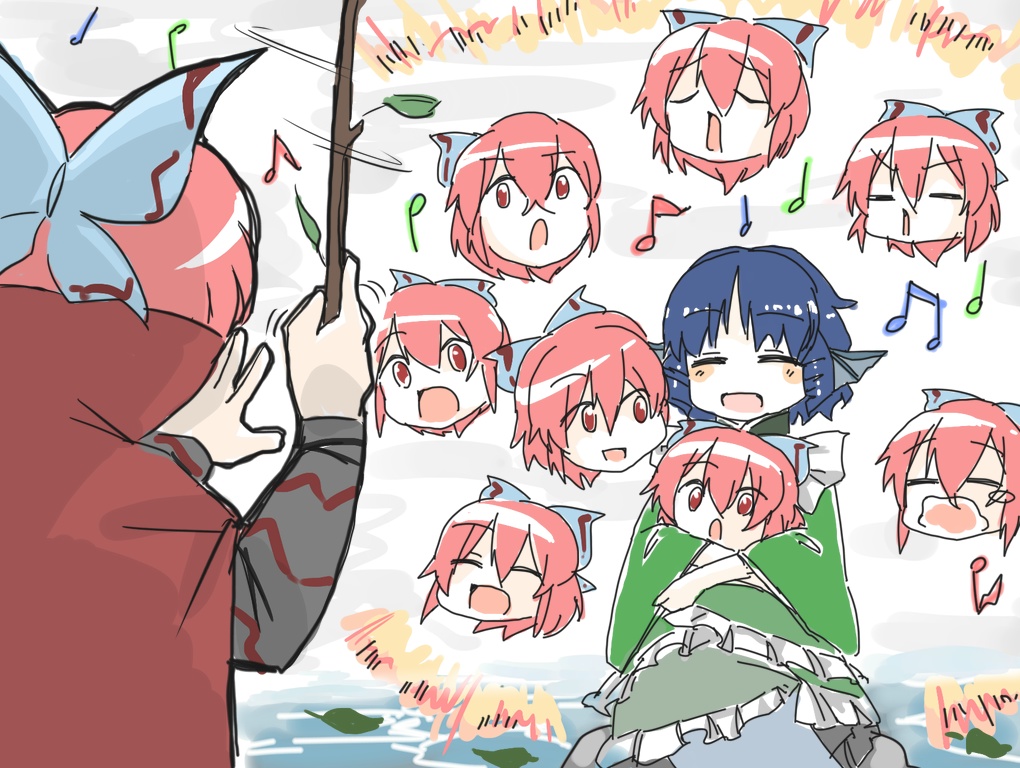 2girls blue_hair blush bow cink-knic closed_eyes conductor disembodied_head drill_hair hair_bow happy head_fins japanese_clothes kimono mermaid monster_girl multiple_girls red_eyes redhead sekibanki short_hair simple_background singing sitting sketch smile stick touhou wakasagihime yawning