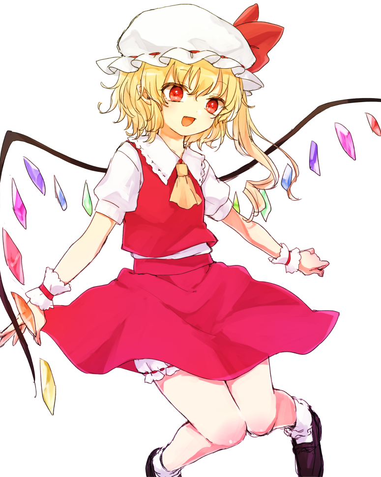 1girl ascot blonde_hair bloomers crystal flandre_scarlet hat hat_ribbon honotai mob_cap open_mouth pointy_ears puffy_sleeves red_eyes ribbon shirt shoes short_hair short_sleeves side_ponytail simple_background skirt skirt_set smile socks solo touhou underwear upskirt vest white_background white_legwear wings wrist_cuffs