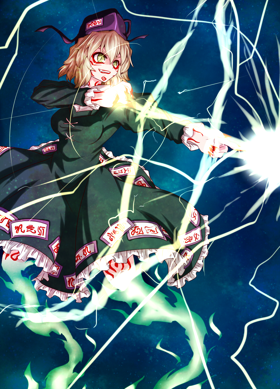 1girl arrow benizuwai blonde_hair bow_(weapon) dress electricity facial_mark fang ghost ghost_tail green_dress grin hat highres japanese_clothes ofuda slit_pupils smile soga_no_tojiko solo spell_card tate_eboshi touhou weapon yellow_eyes