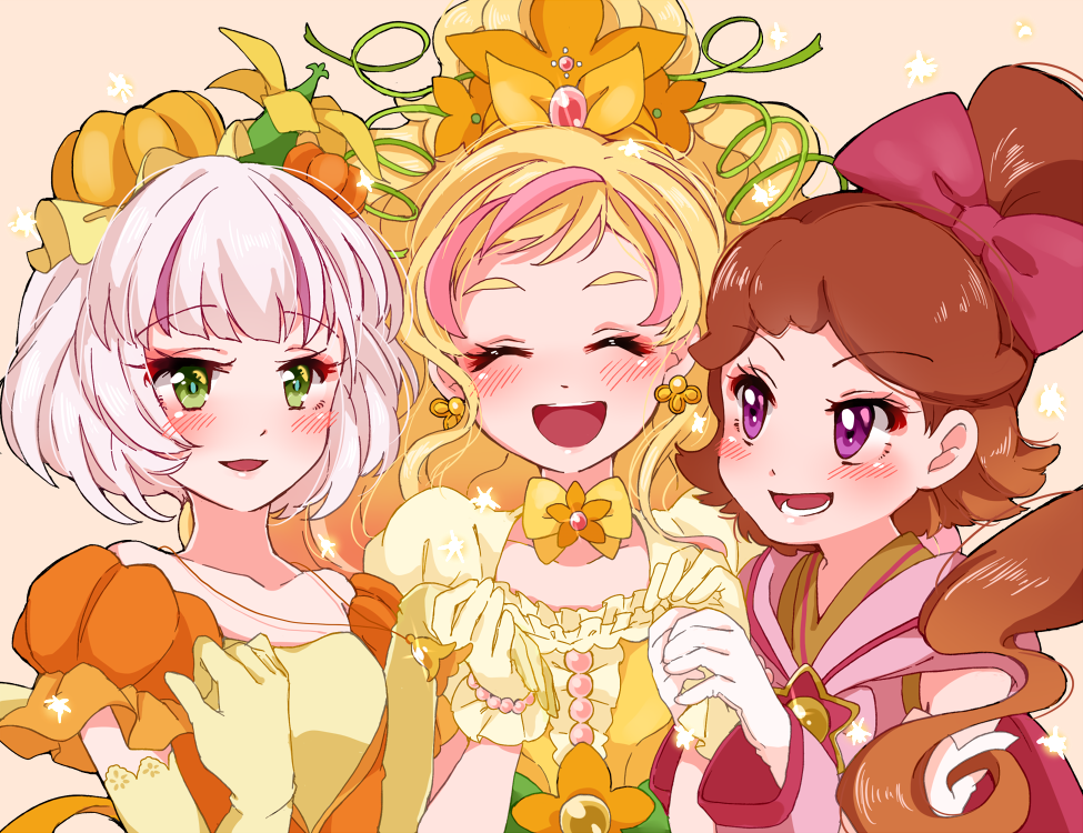 3girls blonde_hair blush bow brown_hair closed_eyes cure_flora earrings food_themed_hair_ornament gloves go!_princess_precure green_eyes hair_bow hair_ornament haruno_haruka holding_hands jewelry long_hair magical_girl multicolored_hair multiple_girls necklace pink_bow pink_hair ponytail precure princess_pumplulu pumpkin_hair_ornament purin_(purin0) refi_(go!_princess_precure) sepia_background short_hair smile streaked_hair two-tone_hair upper_body violet_eyes yellow_bow yellow_gloves