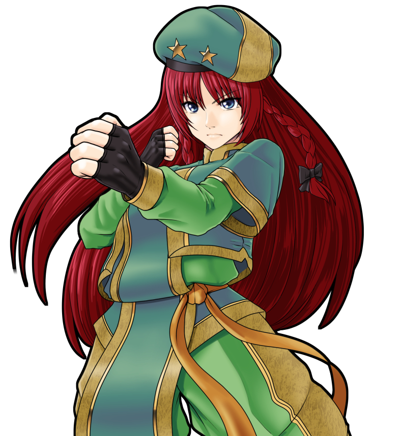 1girl beret blue_eyes bow braid chinese_clothes clenched_hands fingerless_gloves gloves hair_bow hat hong_meiling long_hair raybar redhead simple_background solo stance touhou twin_braids white_background