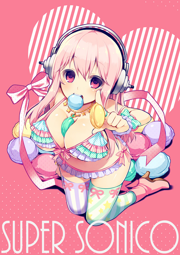 1girl bikini blush breasts cleavage collarbone food food_between_breasts frilled_bikini frilled_swimsuit frills headphones heart heart-shaped_pupils large_breasts long_hair looking_at_viewer macaron mouth_hold navel nitroplus pero_gokun pink_eyes pink_hair solo super_sonico swimsuit symbol-shaped_pupils thigh-highs